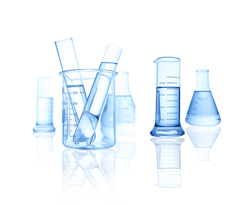 Laboratory glassware with blue liquid on white