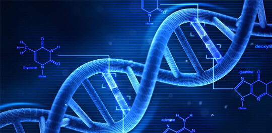 Deep blue DNA helix with molecular structure annotations
