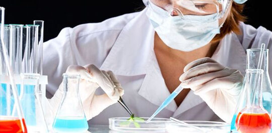 Scientist pipetting into a petri dish beside laboratory glassware