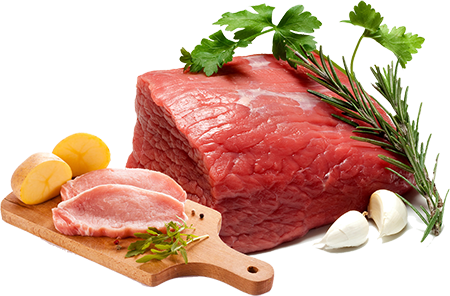 Cut of raw beef with herbs on a wooden board