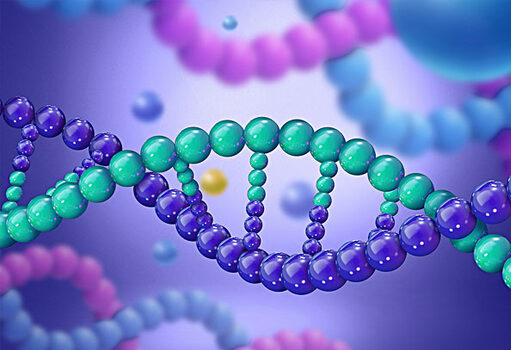 3D rendering of a DNA double helix in purple and teal